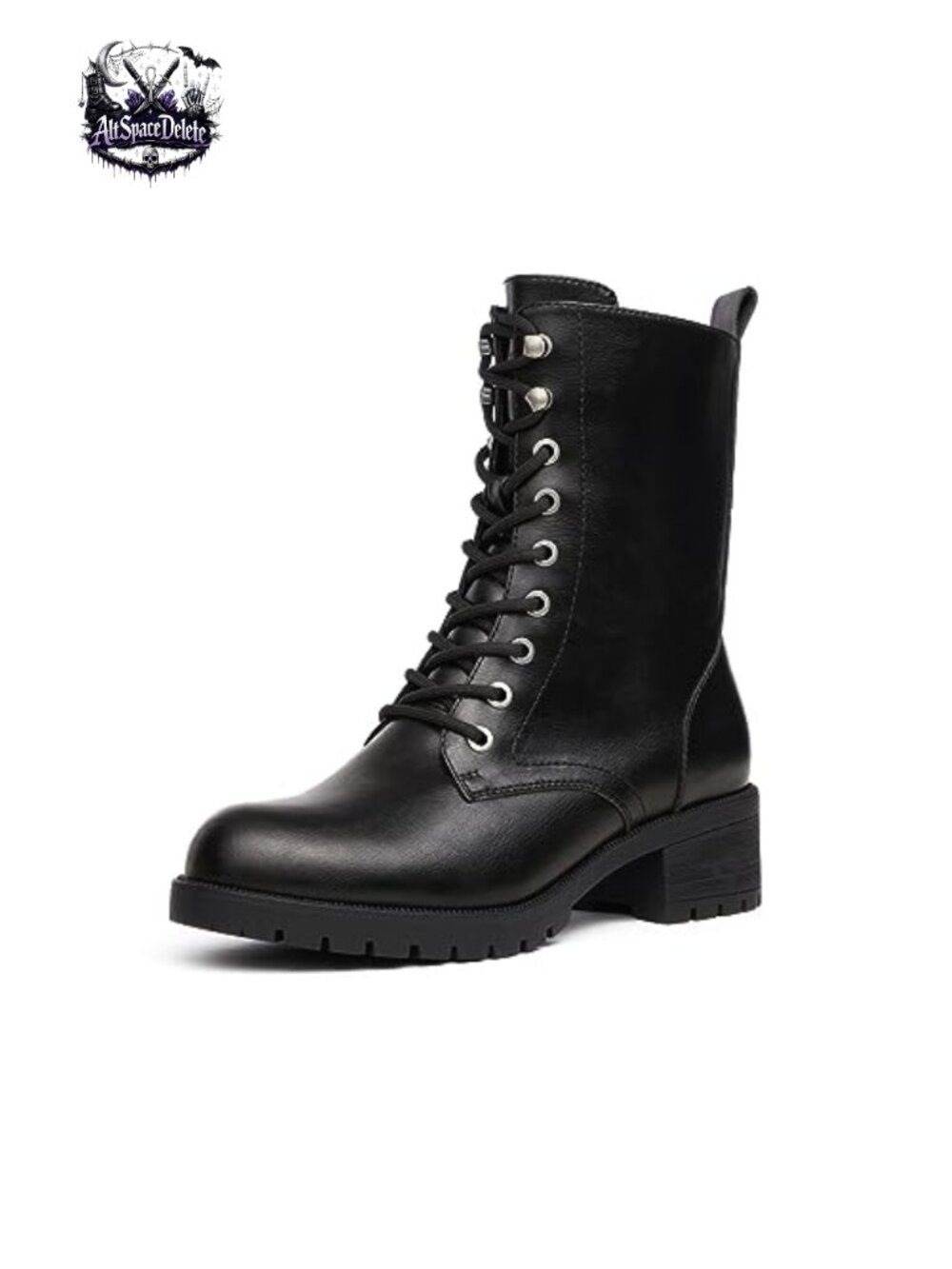 Mid-Calf Lace-Up Combat Boots Faux Leather Side Zip Chunky Heel Winter Boot
